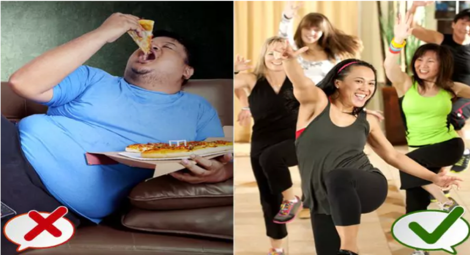 Left side - A person eating pizza on the couch. Right side - A group of people exercizing.