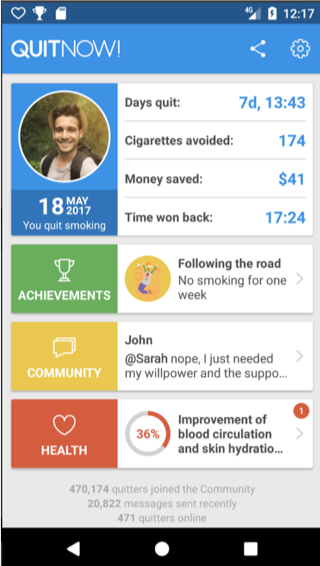 screenshot of the Quitnow app for smoking cessation